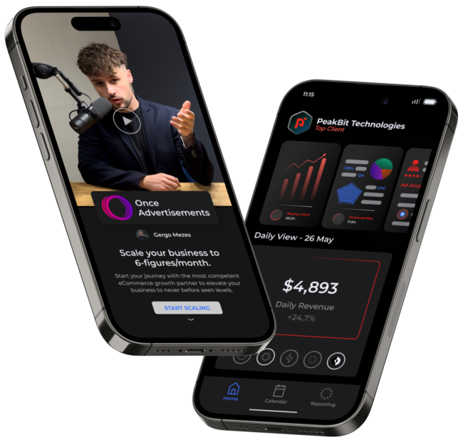 Two iPhones picturing software, that the Founder of Once Advertisements, Gergo Mezes developed. The iPhone on the left shows the interface of the ‘course section’, whereas the iPhone on the right shows the ‘user’ interface of the ‘client profile’ dashboard.